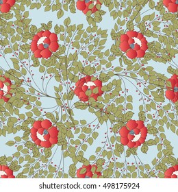 Vector seamless vintage floral pattern. Stylized silhouettes of flowers and berries on a blue background. Medieval, in rococo style, victorian style.