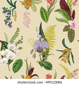 Vector seamless vintage floral pattern. Exotic orchid and leaf. Botanical classic illustration. Colorful