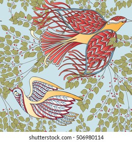 Vector seamless vintage floral pattern. Stylized silhouettes of flowers and berries on a blue background. Medieval, in rococo style, victorian style.