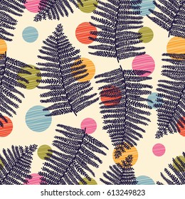 Vector seamless vintage floral pattern. Exotic leaves and polka dot.