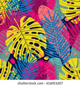 Patrón floral vintage sin fisuras vectorial. Hojas de palma exóticas.