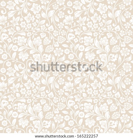 Vector seamless vintage floral pattern. Stylized silhouettes of flowers and berries on a beige background. White flowers. 
