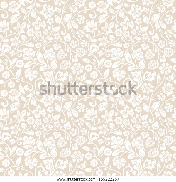 ベクター画像のシームレスなビンテージ花柄 ベージュ背景に花とベリーのシルエットをスタイル化 白い花 のベクター画像素材 ロイヤリティフリー