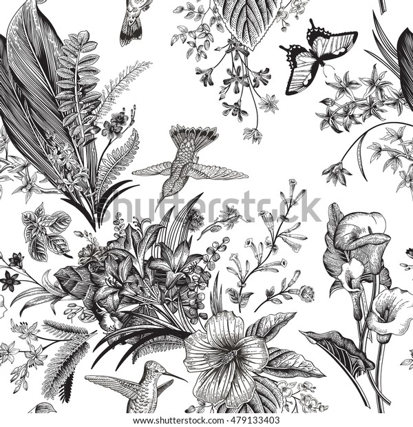 ベクター画像のシームレスなビンテージ花柄 エキゾチックな花と鳥 ボタニカルクラシックイラスト 白黒 のベクター画像素材 ロイヤリティフリー