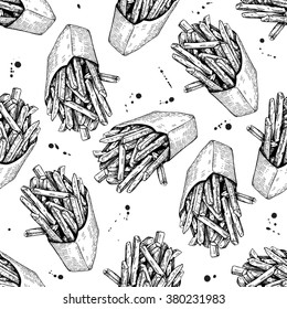 Vector seamless vintage french fries pattern. Hand drawn monochrome fast food illustration. Great for menu or background.