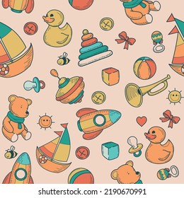 Vector seamless vintage full-color pattern with toys on a light background