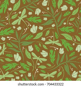 Vector seamless vintage green pattern with butterflies dragonflies branches and leaves on brown background