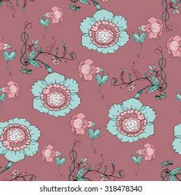 vector seamless vintage  hand drawing  pattern with flowers on pink background  for wedding, birthday, textile  and scrapbooking design
