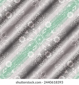 Vector seamless vintage hand drawn pastel diagonal striped pattern with openwork floral mandalas