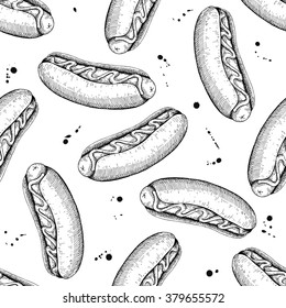 Vector seamless vintage hot dog pattern. Hand drawn monochrome fast food illustration. Great for menu or background.