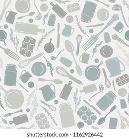 Vector Seamless Vintage Kitchen Utensil, Cookware, Herb, & Silverware Scatter in Gray, Green, & Tan with Subtle Texture. Great for fabric, kitchen textiles, scrapbooking, wallpaper, & home decor.