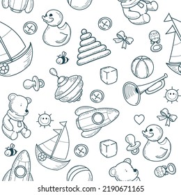 vector seamless vintage linear pattern with toys 