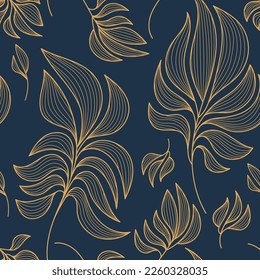 Vector seamless vintage pattern. Art deco line leaves background, golden floral motif