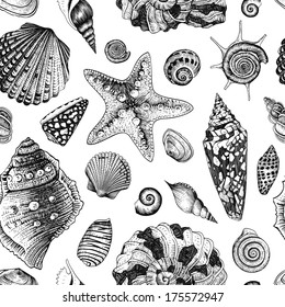 Vector seamless vintage pattern with black and white seashells on white background.