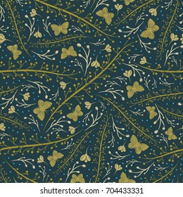 Vector seamless vintage pattern with butterflies berries flowers and branches on dark blue background