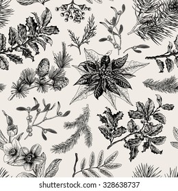 Vector Seamless vintage pattern. Christmas Botanical background.