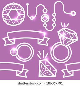 Vector seamless vintage pattern with diamonds, rings, necklaces, text ribbons on violet background  
