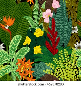 Vector seamless vintage pattern. Exotic flowers and plants. Botanical classic illustration.