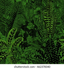 Vector seamless vintage pattern. Exotic flowers and plants. Botanical classic illustration.