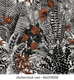 Vector seamless vintage pattern. Exotic flowers and plants. Botanical classic illustration.