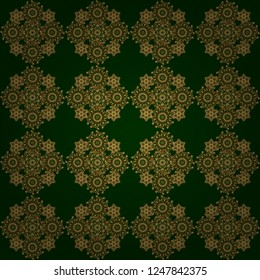 Vector seamless vintage pattern in gold on green background. For printing on fabric, scrapbooking, gift wrapping.