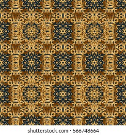 Vector seamless vintage pattern in gold on blue background. For printing on fabric, scrapbooking, gift wrapping.