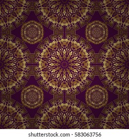Vector seamless vintage pattern in gold on purple background. For printing on fabric, scrapbooking, gift wrapping.