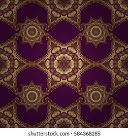 Vector seamless vintage pattern in gold on purple background. For printing on fabric, scrapbooking, gift wrapping.