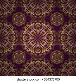 Vector seamless vintage pattern in gold on purple background. For printing on fabric, scrapbooking, gift wrapping.