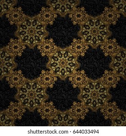 Vector seamless vintage pattern in gold on black background. For printing on fabric, scrapbooking, gift wrapping.