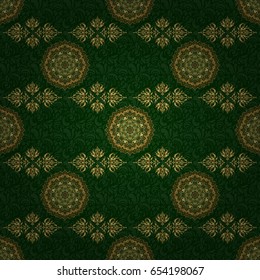 Vector seamless vintage pattern in gold on green background. For printing on fabric, scrapbooking, gift wrapping.