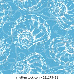 Vector seamless vintage pattern with hand drawn seashells on sea water blue background.
