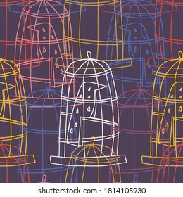 Vector seamless vintage pattern with lined colorful ornamental birds in cages on dark violet background. The design is perfect for textiles, decorations, backgrounds, surfaces, wrapping paper