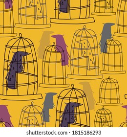 Vector seamless vintage pattern with lined colorful ornamental birds in cages on yellow background. The design is perfect for textiles, decorations, backgrounds, surfaces, wrapping paper