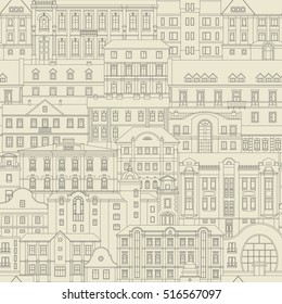 Vector seamless vintage pattern of old houses of nonexistent city. Thin line facades are arranged one behind the other. Black on beige background.