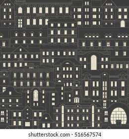 Vector seamless vintage pattern of old houses of nonexistent city at night. Thin line facades with light windows are arranged one behind the other. White on black background.