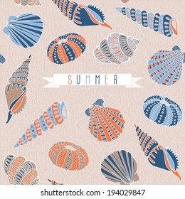 Vector seamless vintage pattern with orange and blue seashells on beige background. Pastel color.