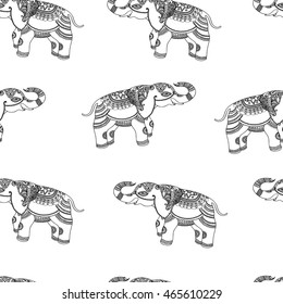 Vector seamless vintage pattern with ornamental indian Elephant. Hand drawn ethnic illustration with tribal elements for print, textile, wrapping and other seamless fashion boho design. 