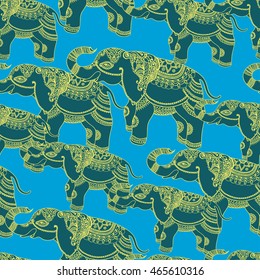 Vector seamless vintage pattern with ornamental indian Elephant on blue. Hand drawn ethnic illustration with tribal elements for print, textile, wrapping, phone case and other seamless boho design. 