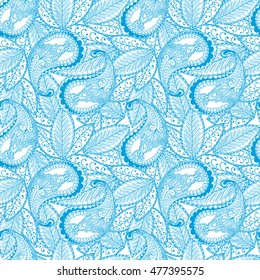 Vector seamless vintage pattern with paisley floral elements. Hand drawn illustration for print, fabric, textile and other trendy design in bohemian style. Blue on white.