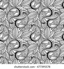 Vector seamless vintage pattern with paisley floral elements. Hand drawn illustration for print, fabric, textile and other trendy design in bohemian style. Black and white line art.
