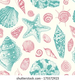 Vector seamless vintage pattern with pink and mint seashells on beige background. Pastel color.