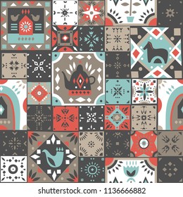 Vector seamless vintage pattern of square mosaic tiles with scandinavian ornaments. Beige, white, blue, red palette.