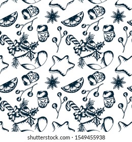 Vector Seamless Vintage Pattern with Traditional Holiday Symbols. Christmas Botanical Background.