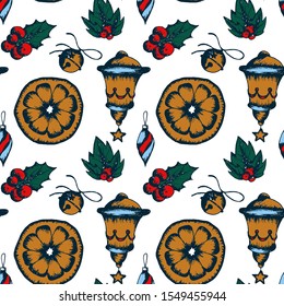 Vector Seamless Vintage Pattern with Traditional Holiday Symbols. Christmas Botanical Background.