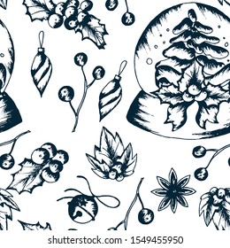 Vector Seamless Vintage Pattern with Traditional Holiday Symbols. Christmas Botanical Background.