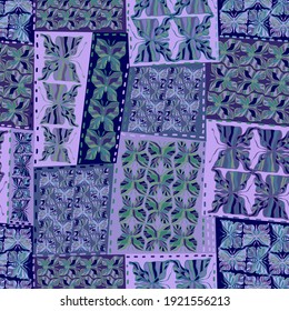 Patrón vectorial sin fisuras de la manta de patchwork textil tradicional con mariposas adornadas en morado. Perfecto para textiles, superficies, fondos, texturas, vestidos y camisas, mantas, sábanas