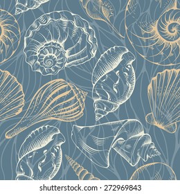 Vector seamless vintage pattern with various hand drawn seashells on sea water background.