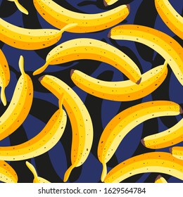 Vector seamless vintage pattern with yellow bananas. Vector banana pattern with dark shadows. Tropical pattern with bananas.