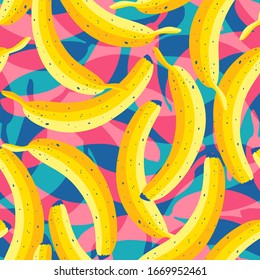 Vector seamless vintage pattern with yellow bananas. Vector banana pattern with colorful shadows. Tropical pattern with bananas.